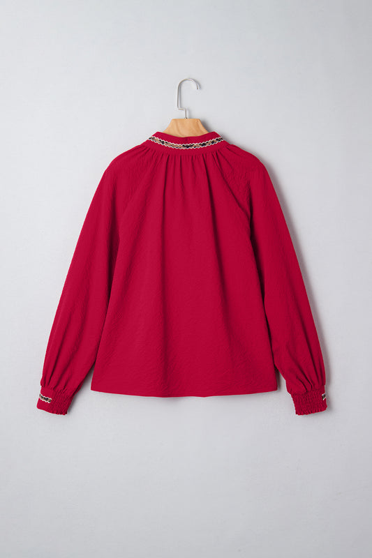 Racing Red Leopard Jacquard Print V Neck Textured Blouse