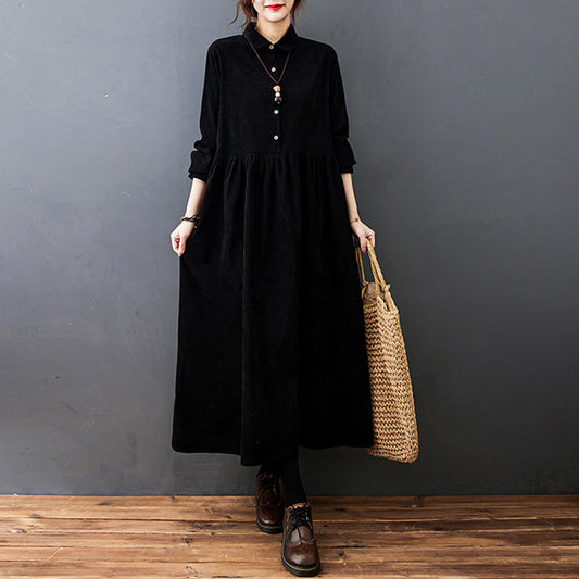 Autumn Clothing New Women's Clothing Plus Size Leisure Warm Corduroy Lapel Long Dress