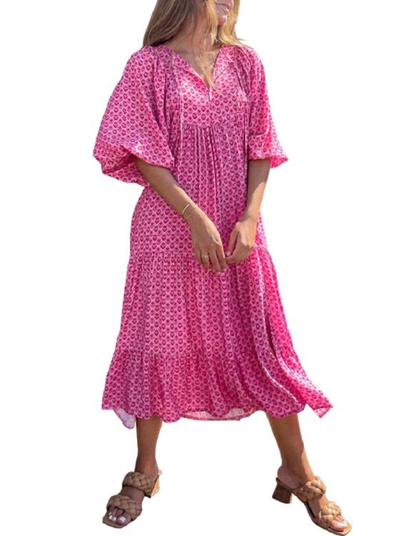 Geometric Print Puff Sleeve Dress Plus Size Women's Clothing