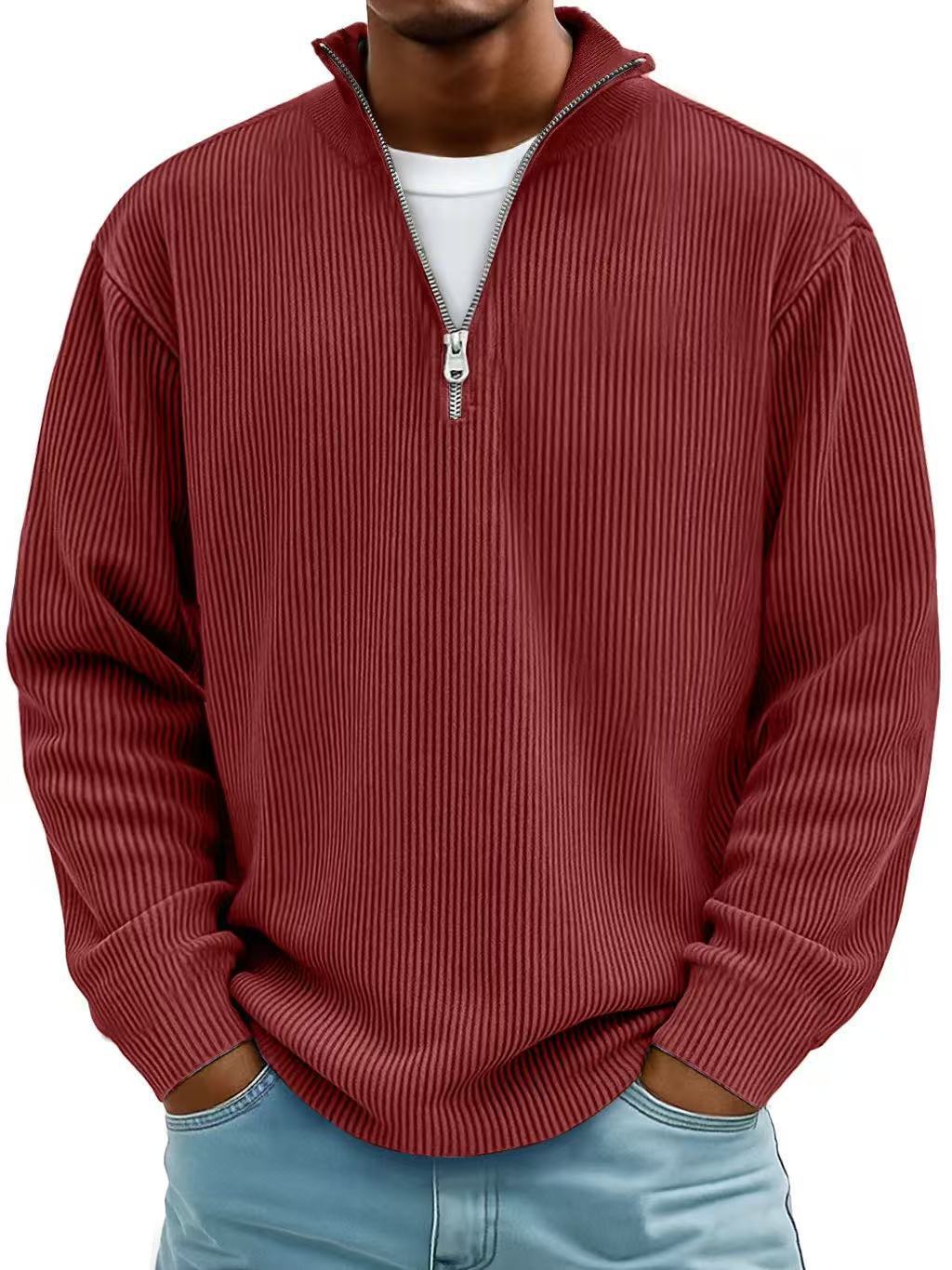 Casual Ribbed Stand Collar Zipper Corduroy Long Sleeve