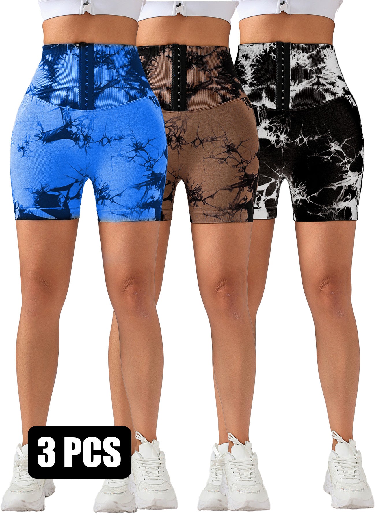 3 Pack 3-ROW HOOK Seamless Tie Dye Tummy Control Leggings Shape Body Slim Scrunch Butt Lifting Fitness Sports Shorts