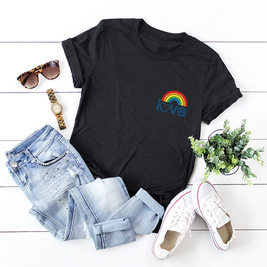 European And American Women's Blouse Cute Pocket Rainbow Pure Cotton Short-sleeved T-shirt Women