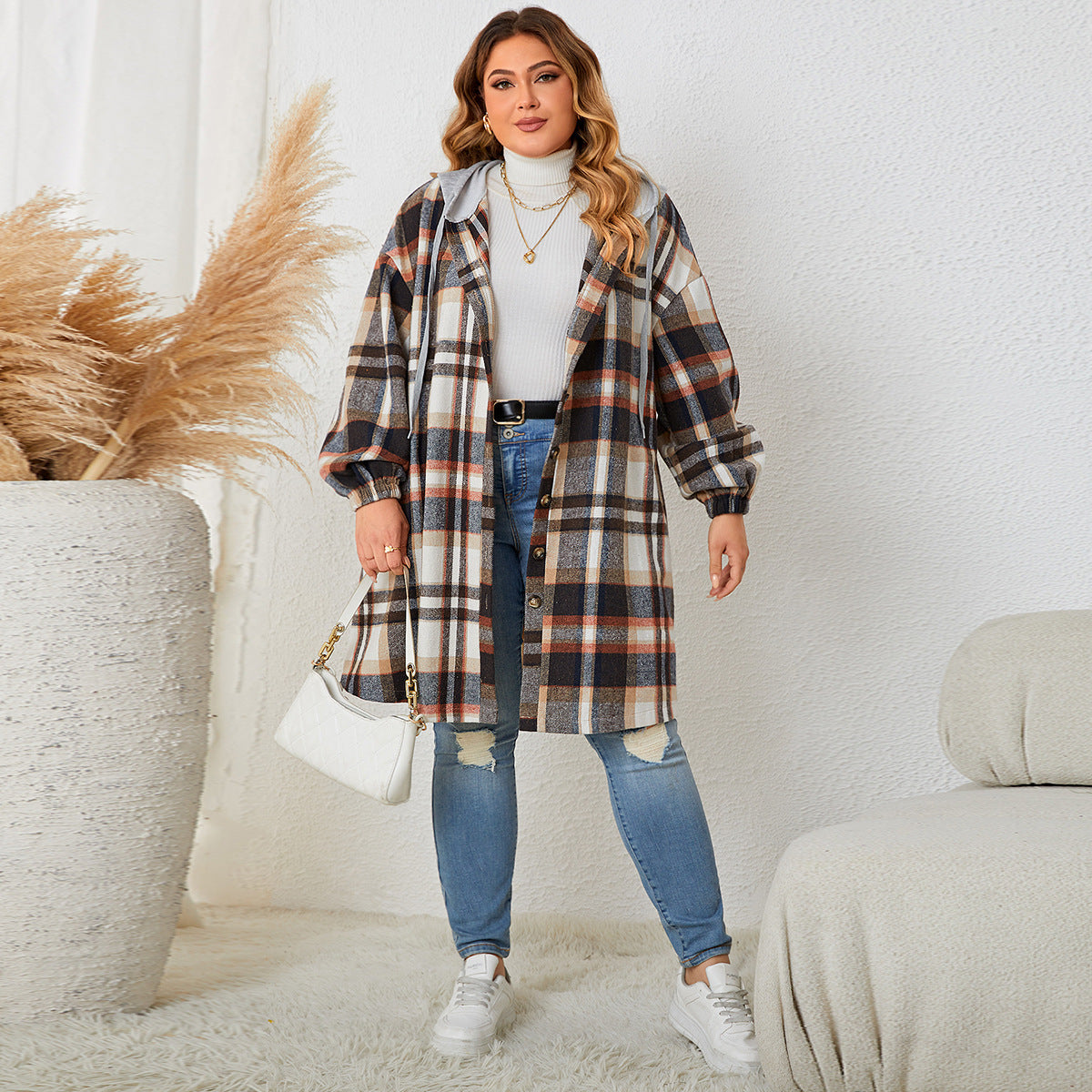 Autumn And Winter New Women's Clothing Plus-sized Plaid Hooded Mid-length Coat