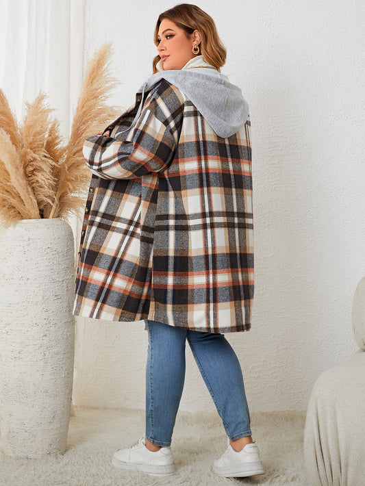 Autumn And Winter New Women's Clothing Plus-sized Plaid Hooded Mid-length Coat
