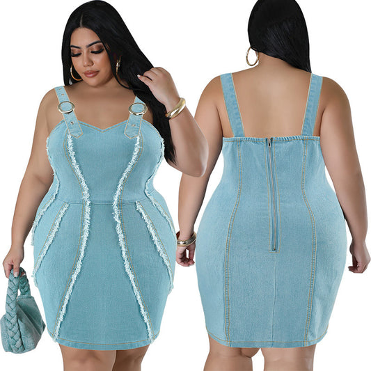 Plus Size Women's Clothing Denim Sling Tassel Sleeveless Short Dress