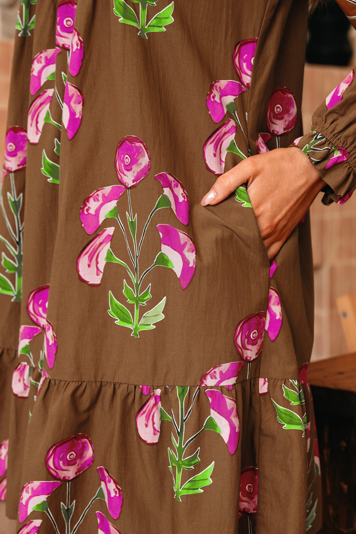 Brown Contrast Floral Print Babydoll Tunic Ruffled Hem Puff Sleeve Dress