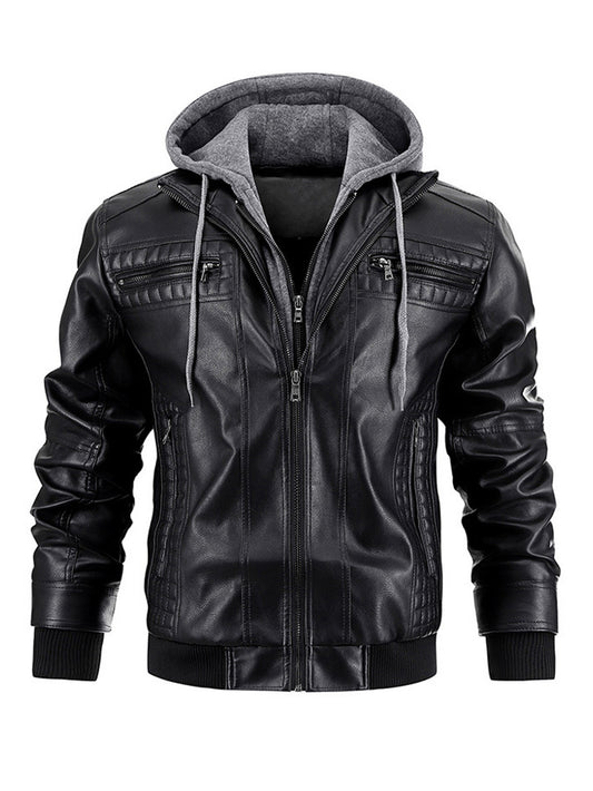 Men's Faux Leather Jacket Motorcycle Jacket Waterproof Windproof PU Moto Vintage Bomber Hoodie With Removable Hood