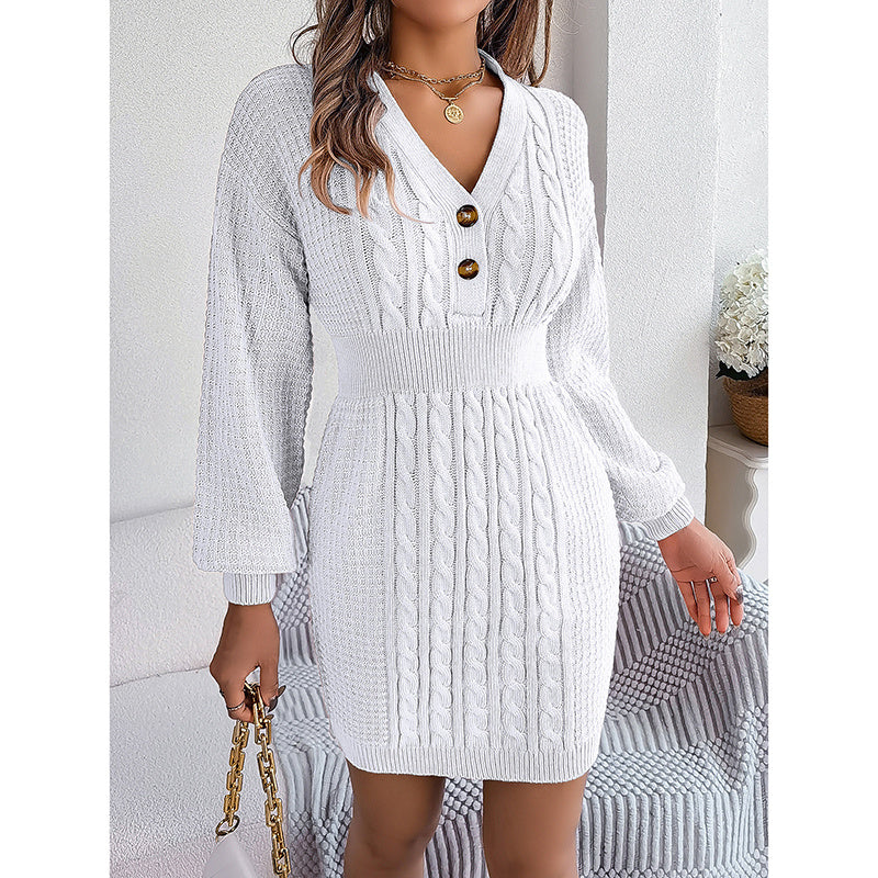 Women's Cable Knit Sweater Dress - V-Neck Button Front Lantern Sleeve Bodycon Mini Dress