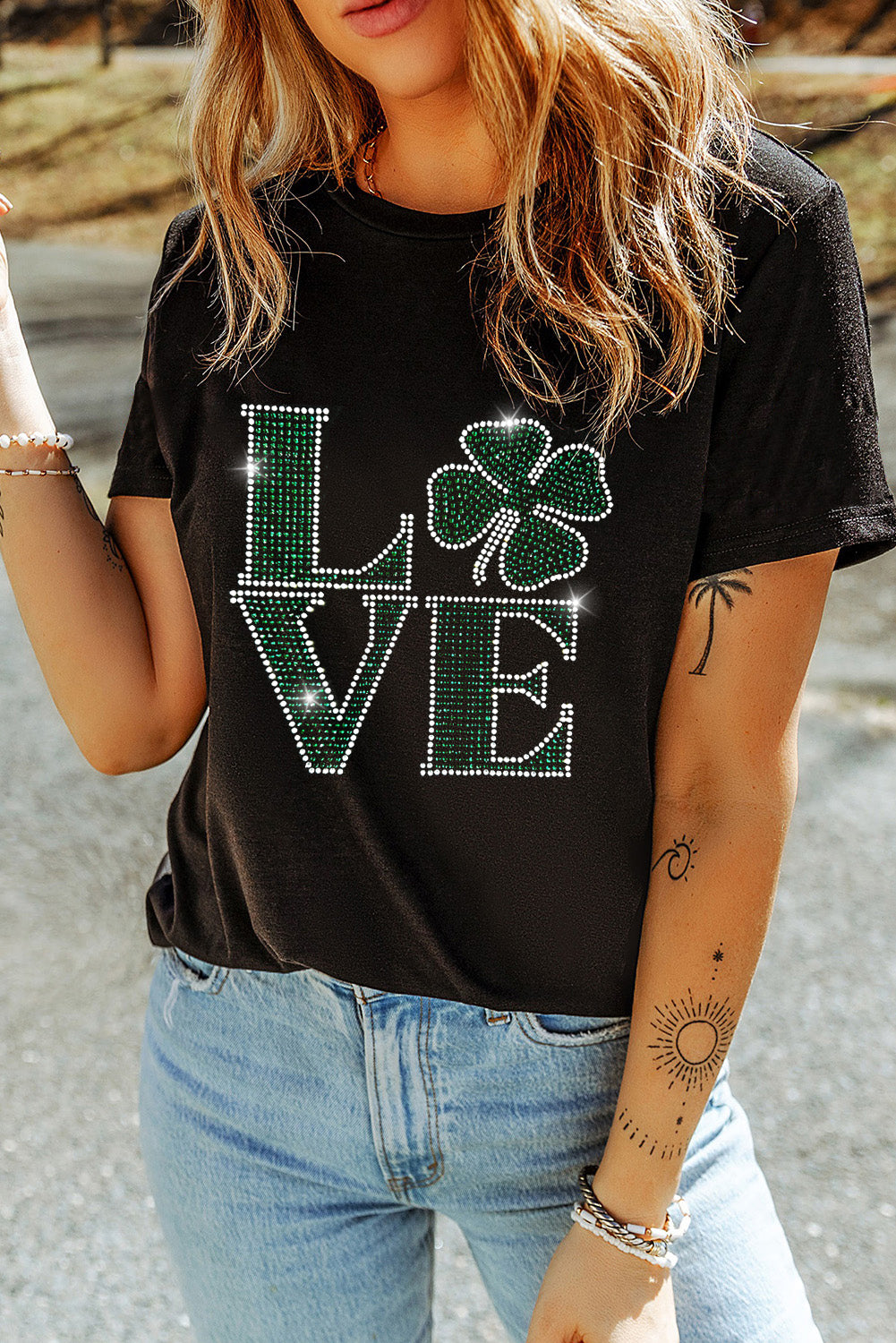 Black Clover LOVE Rhinestone Graphic St Patricks Day T Shirt