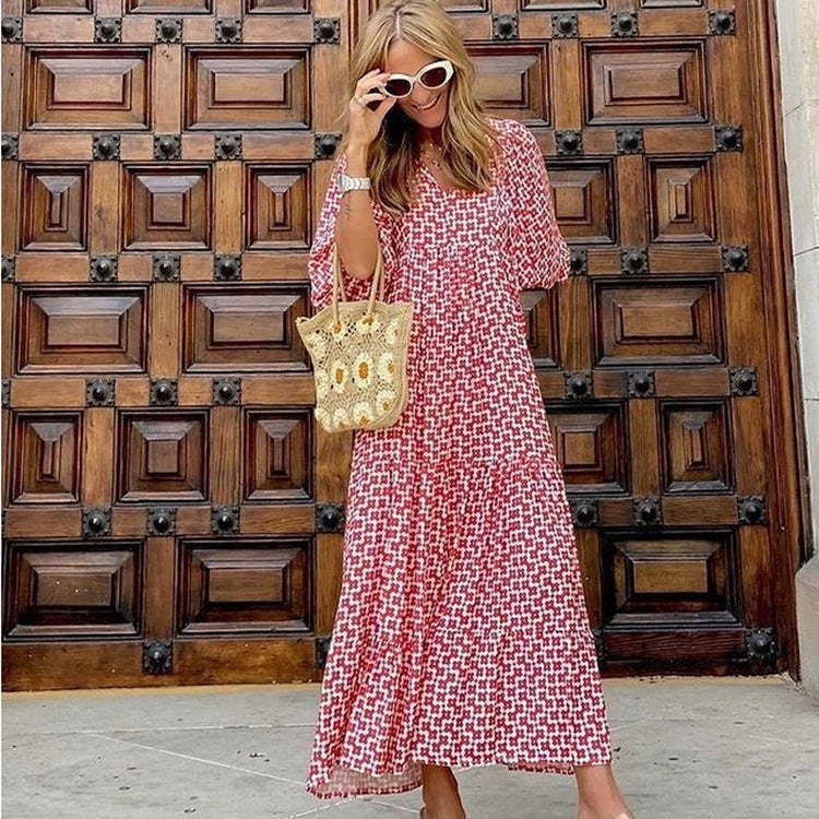Geometric Print Puff Sleeve Dress Plus Size Women's Clothing