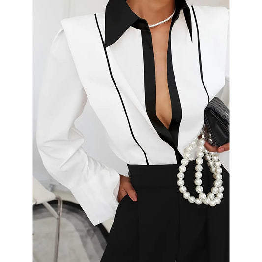 Women's Black & White Colorblock Button Down Shirt, Elegant Long Sleeve Collared Blouse, Office Work Tops