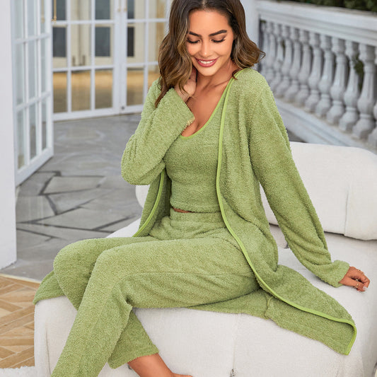 Women's Fuzzy 3 Piece Sweatsuit Open Front Cardigan Crop Tank Tops Wide Legs Pants Lounge Sets
