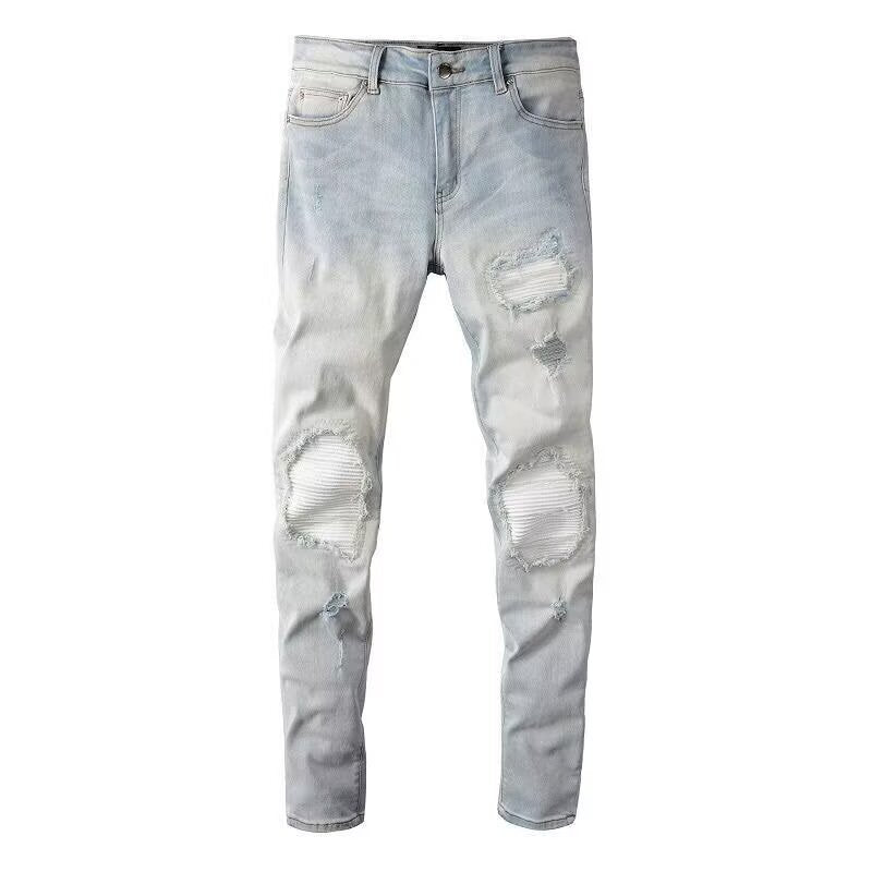 Hole Patch Jeans Men's Fashion Brand Stretch Slim Fit Feet Washed All-matching