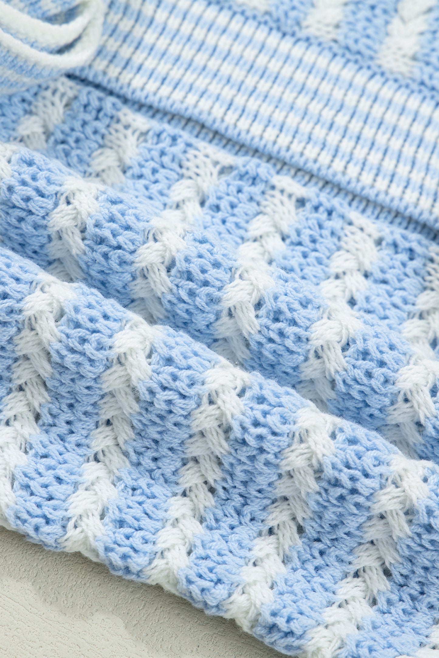 Sky Blue Stripe Short Sleeve Knit V Neck Bow Knot Sweater