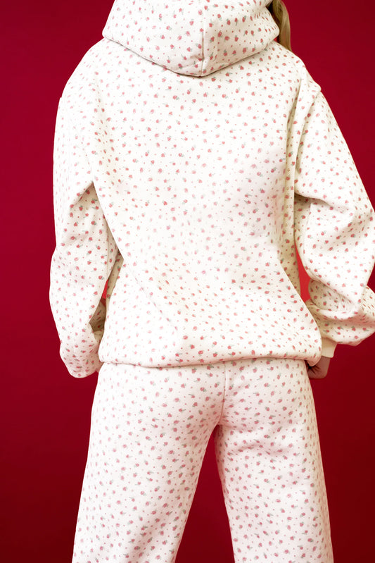 Pink Floral Print Kangaroo Pocket Hoodie Sheath Sweatpants Set