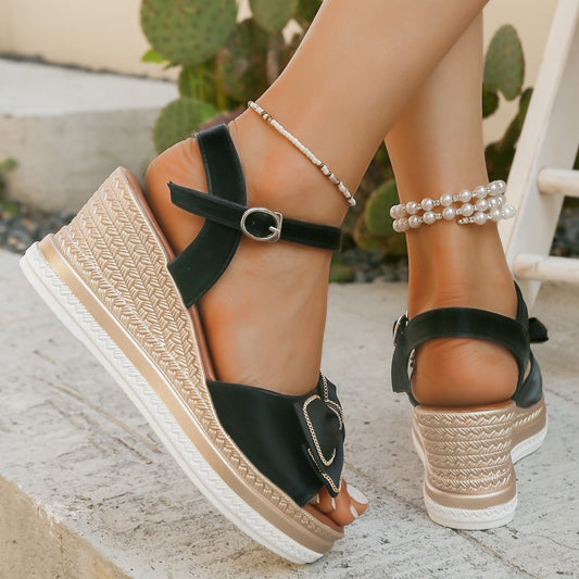 Wedge Summer Bow Buckle Peep Toe Sandals