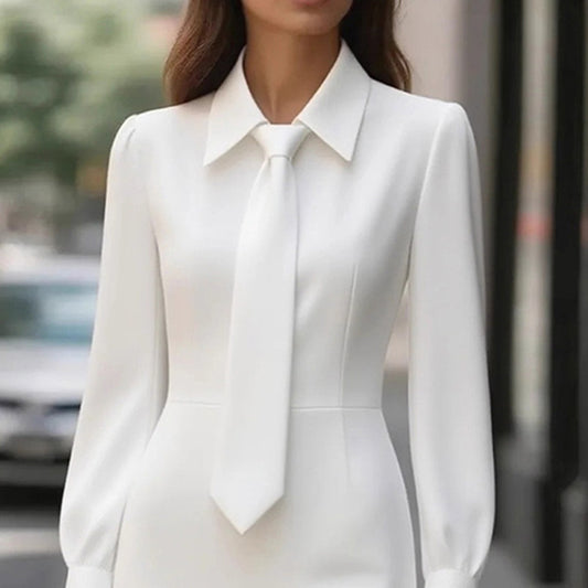 Women's Elegant Solid Color Belted Tie-Neck Office & Formal Occasions, Long Sleeve Spring Summer Midi Dress