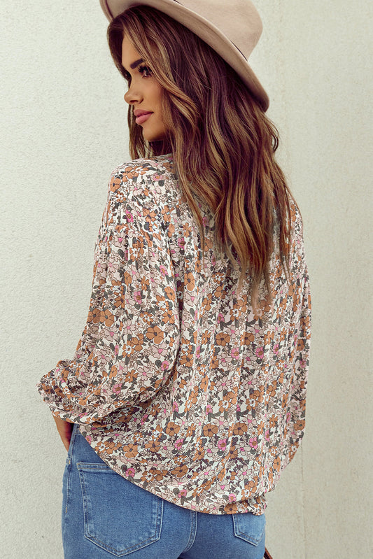 Orange Bohemian Floral Puff Sleeve Full Button Shirt