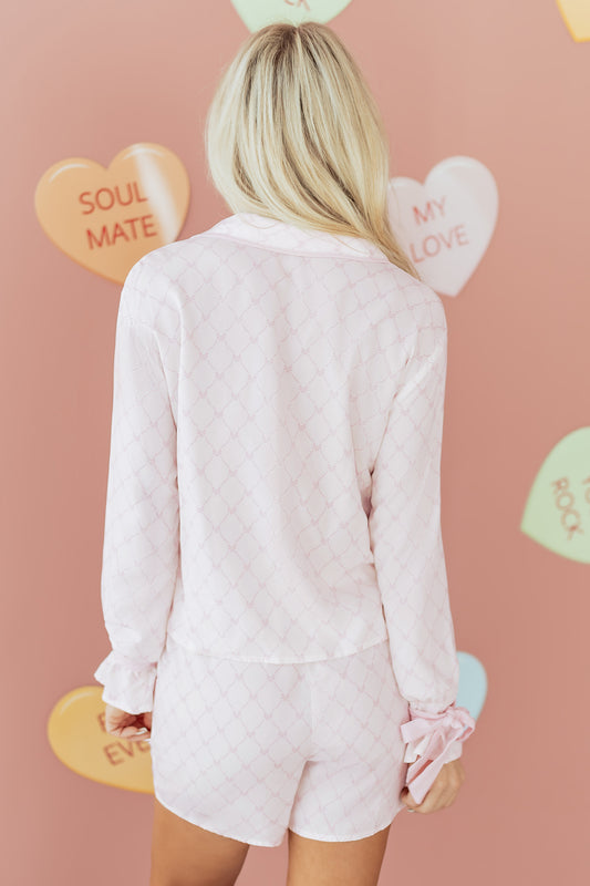 Pink Bow Lattice Print Bow Ties 2pcs Pajama Set