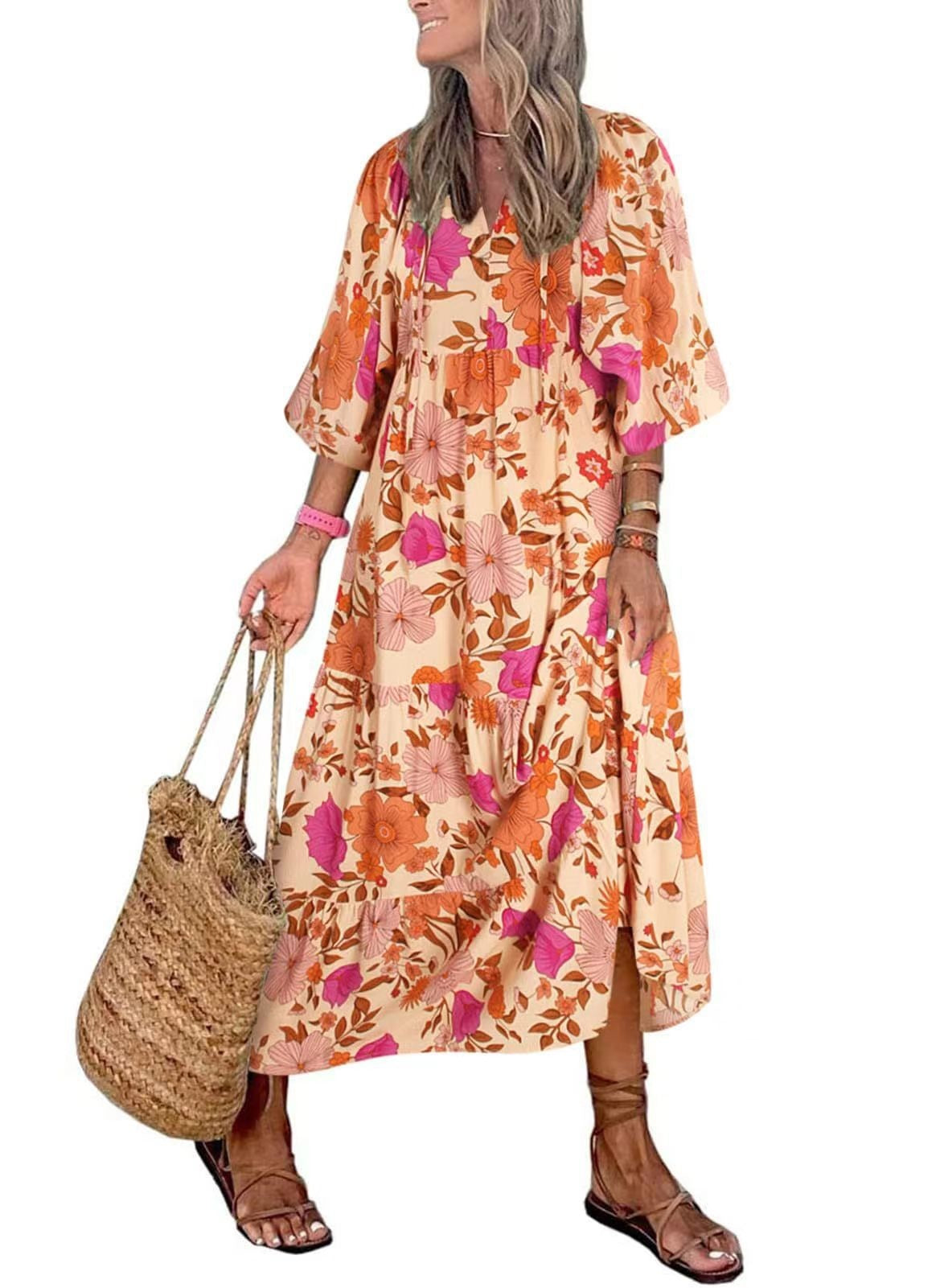 Geometric Print Puff Sleeve Dress Plus Size Women's Clothing