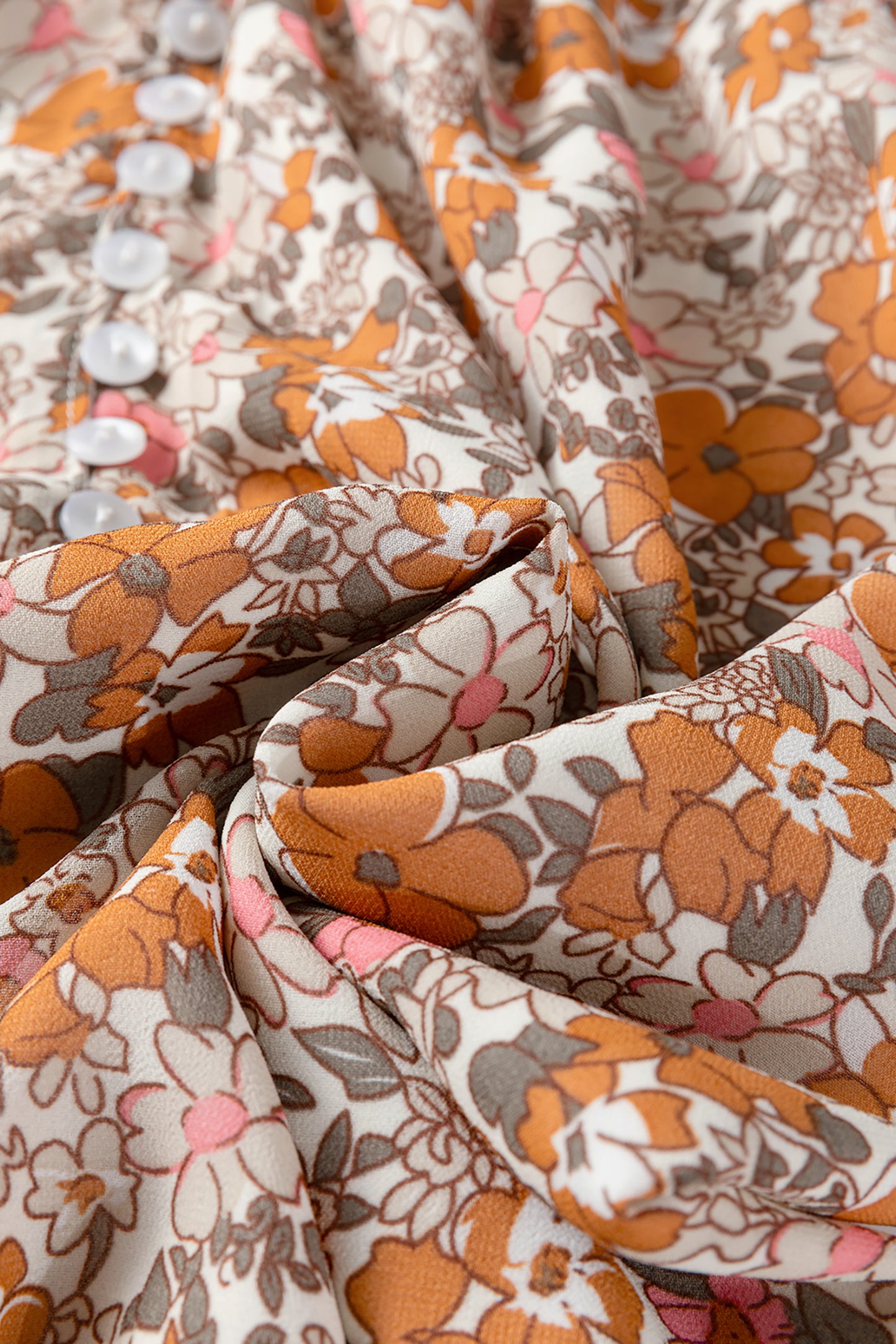 Orange Bohemian Floral Puff Sleeve Full Button Shirt