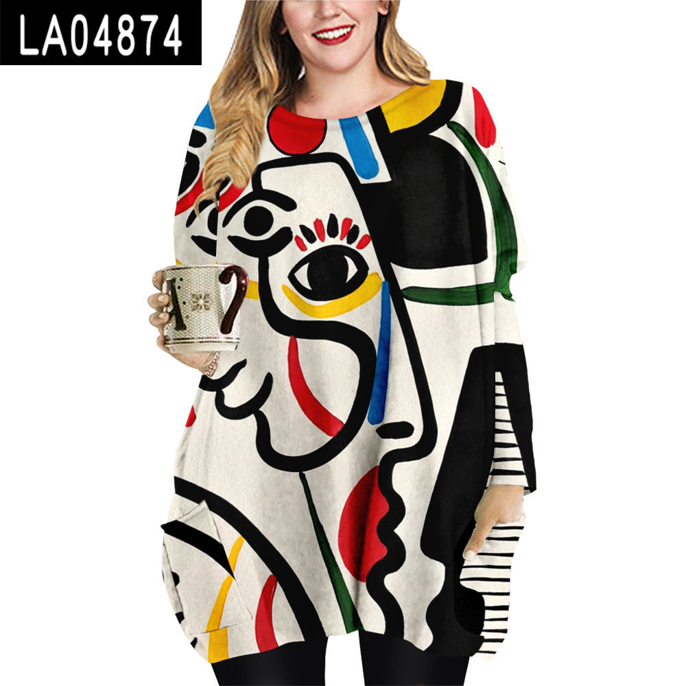 Abstract Face Plus Size Women's Clothing Crew Neck Casual Loose Dress