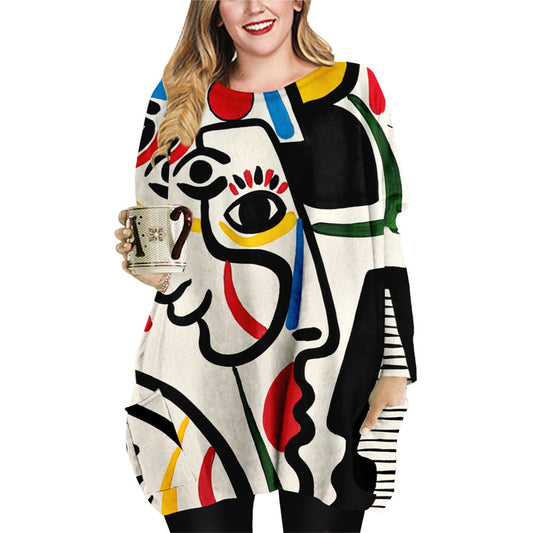Abstract Face Plus Size Women's Clothing Crew Neck Casual Loose Dress