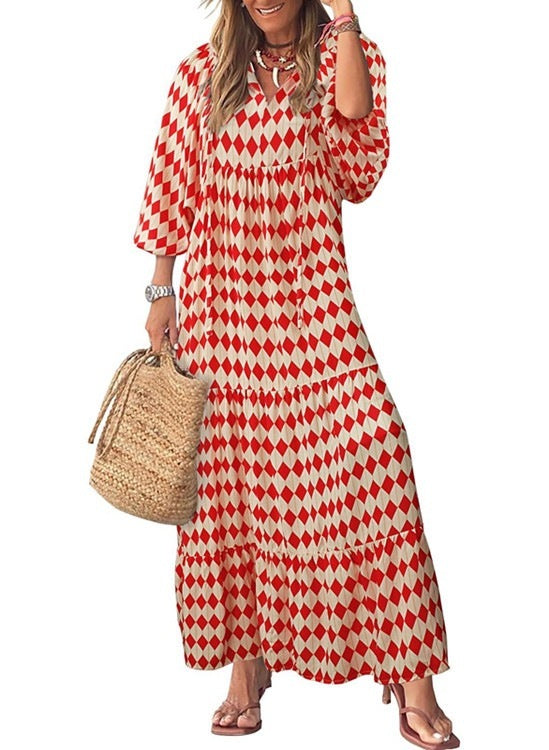 Geometric Print Puff Sleeve Dress Plus Size Women's Clothing