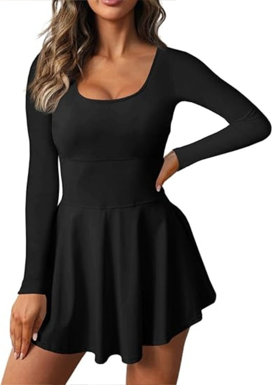 Fisoew Womens 2-in-1 Athletic Tennis Golf Dress Long Sleeve Underneath Workout Active Dresses With Built-in Shorts