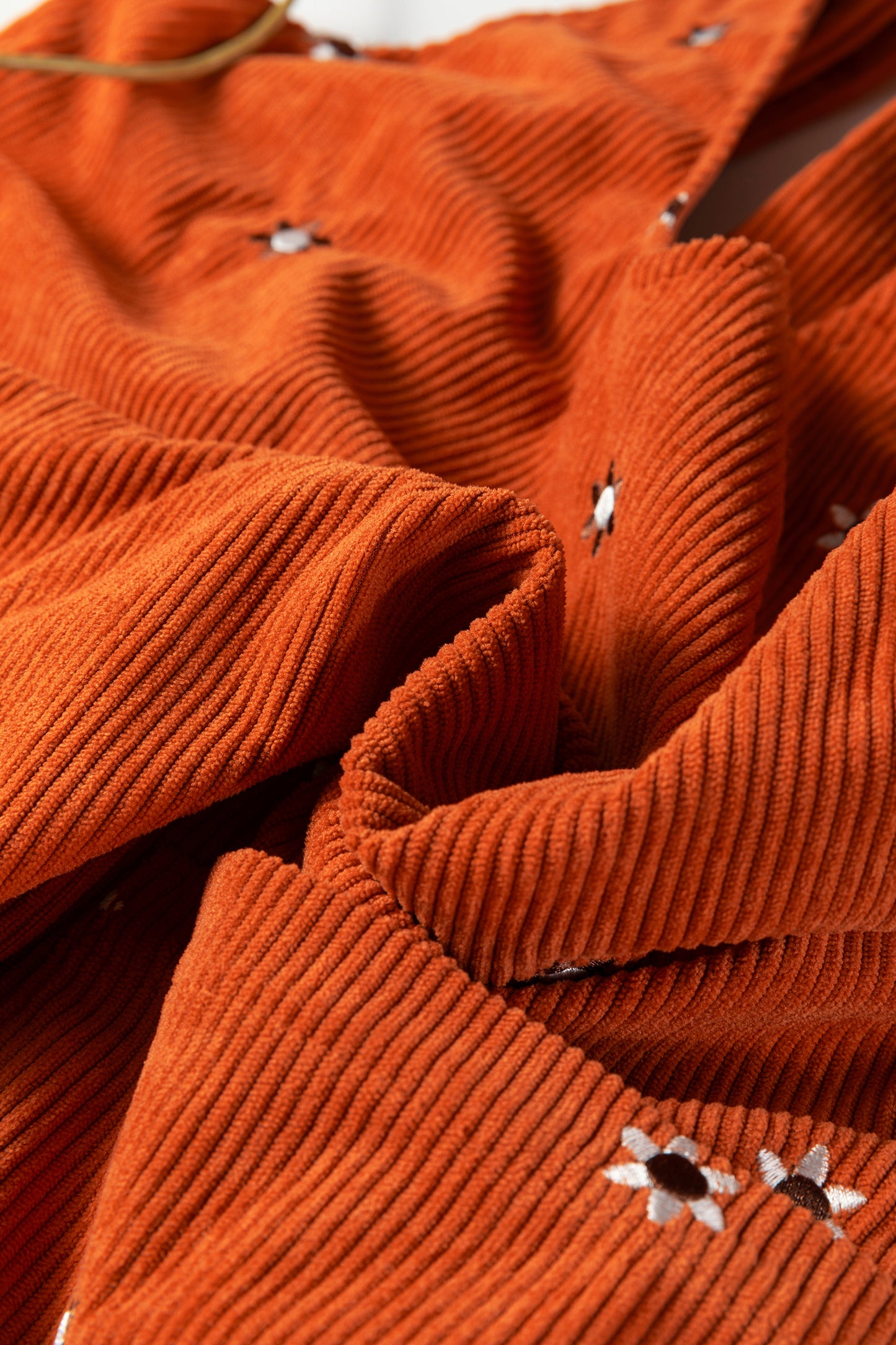 Gold Flame Flower Embroidered Corduroy Overall Mini Dress