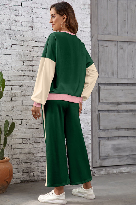 Blackish Green 2pcs Color Block Pullover Loose Pant Set
