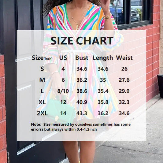 Women's V-Neck Rainbow Stripe Short Dress Three Quarters Sleeve Casual Summer Sundress With Tie Waist