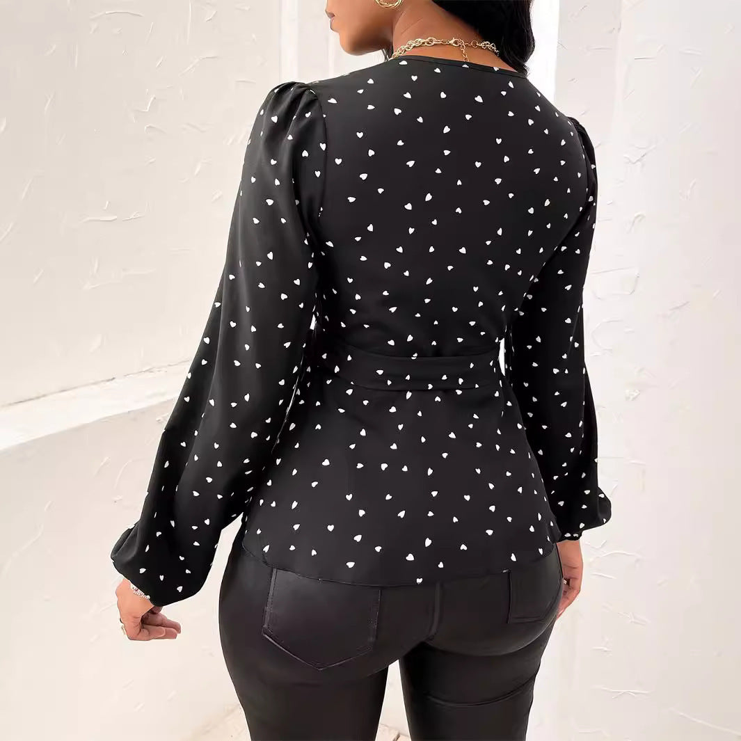 Women's V-neck Heart Shape Printed Cross Collar Drawstring Shirt