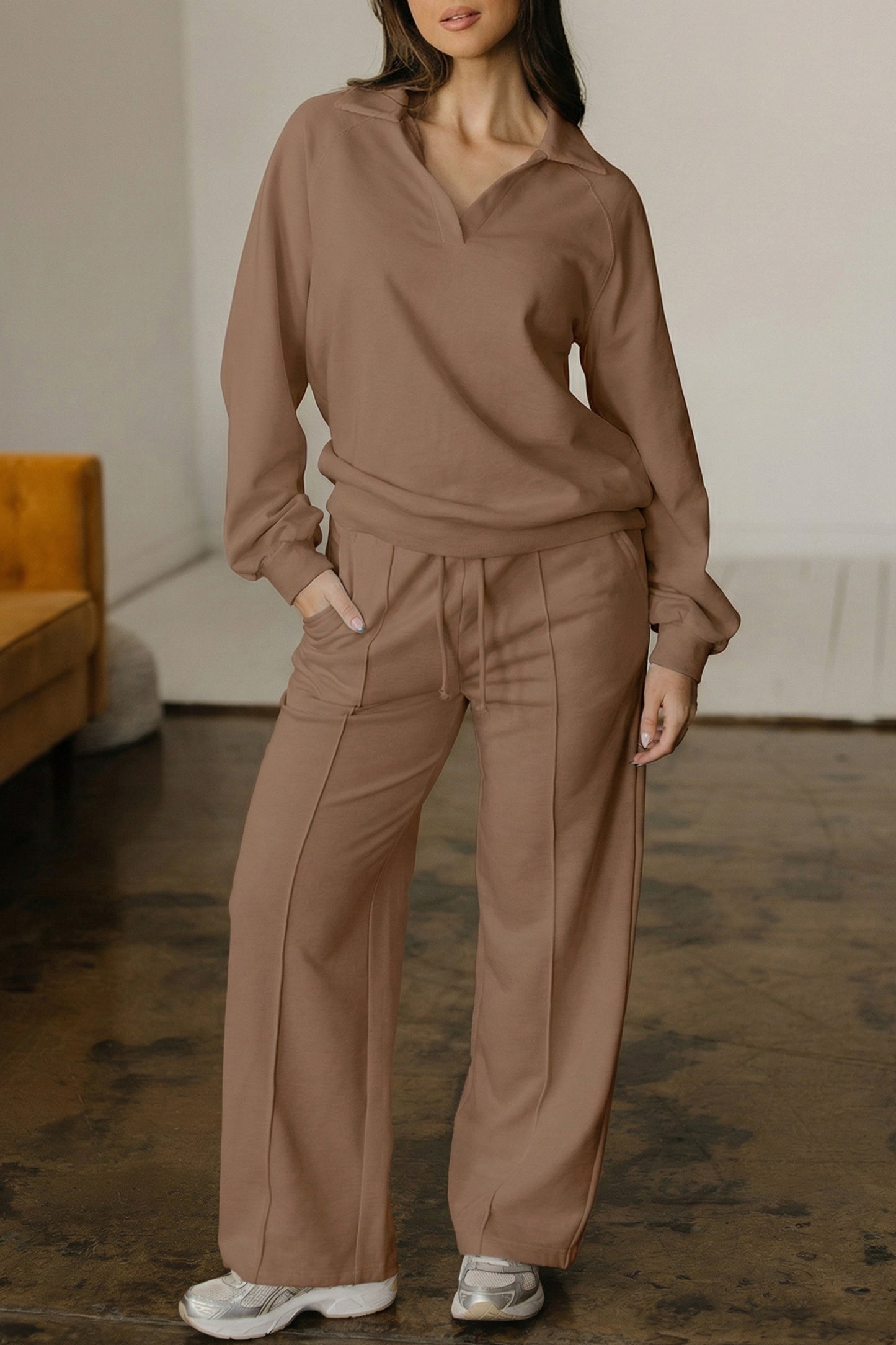 Dark Khaki Polo Collar V Neck Pullover and Drawstring Sweatpants Set