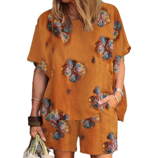 Cotton And Linen Plus Size Women's Clothing Printed Women's Retro Set