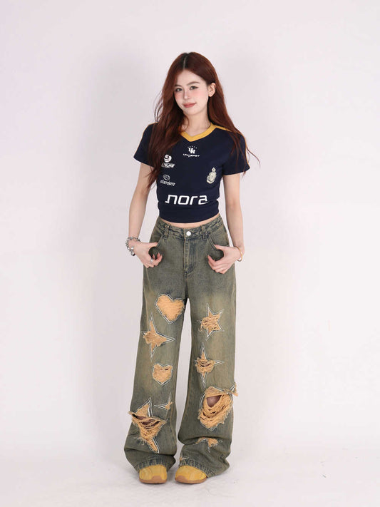 Retro Tattered Jeans Pants Love Wide Leg Jeans