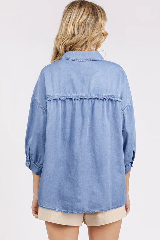 Myosotis Washed Drop Shoulder Bracelet Sleeve Chambray Shirt