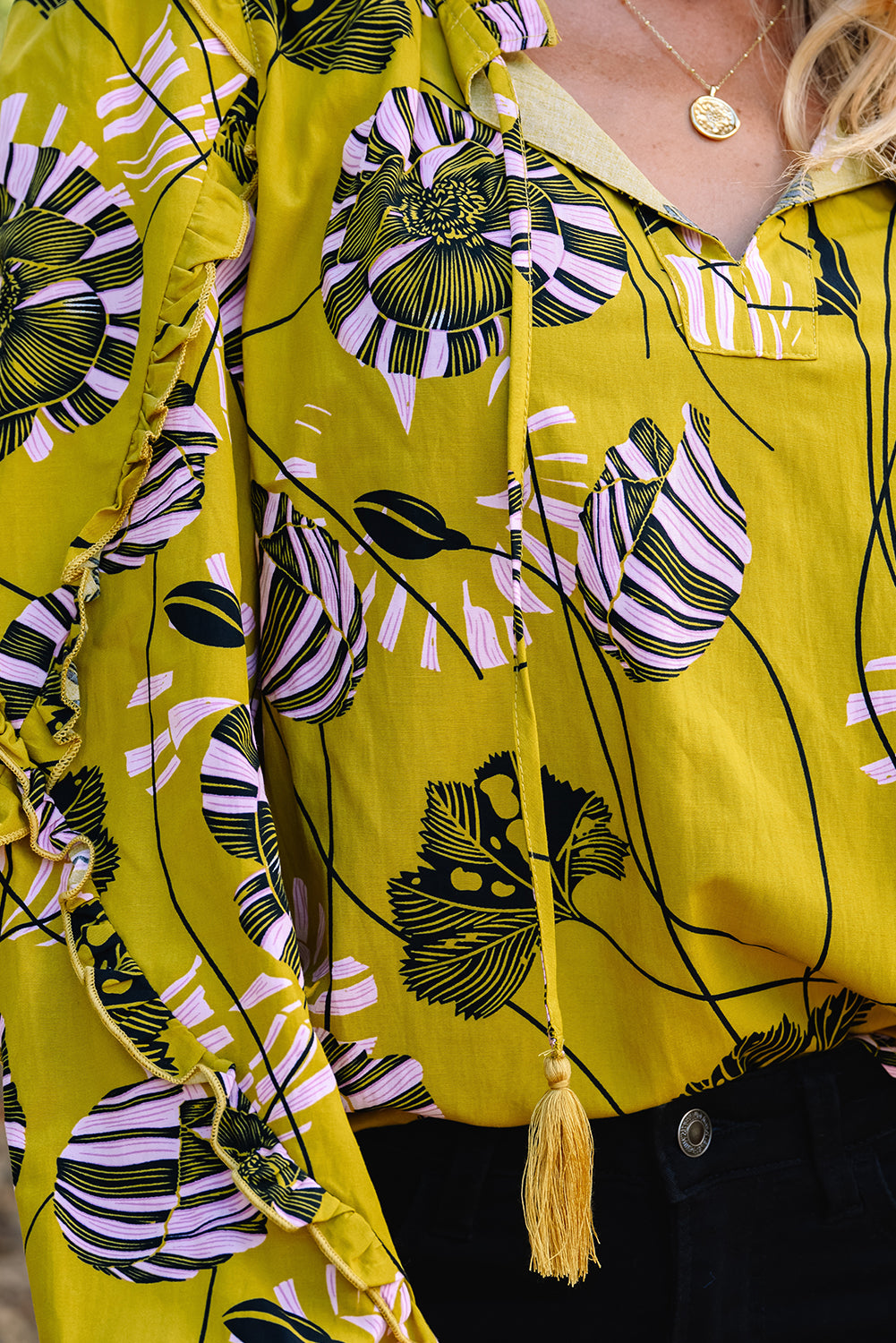 Yellow Vintage Floral V Neck Ruffle Trim Long Sleeve Blouse