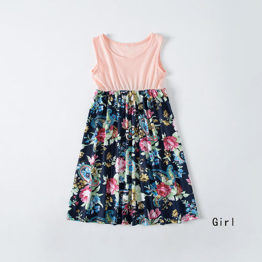 Fashion Waist Stitching Stitching Print Long Dress Parent-child Outfit Family
