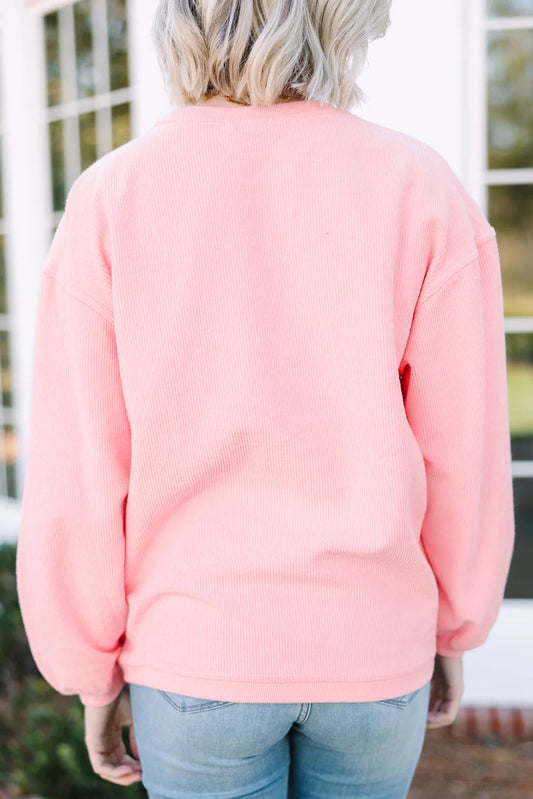 Pink 3d Ribbed XOXO Heart Embroidered Drop Shoulder Sweatshirt