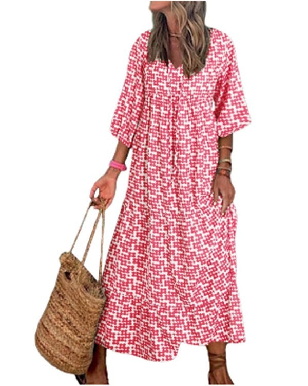Geometric Print Puff Sleeve Dress Plus Size Women's Clothing