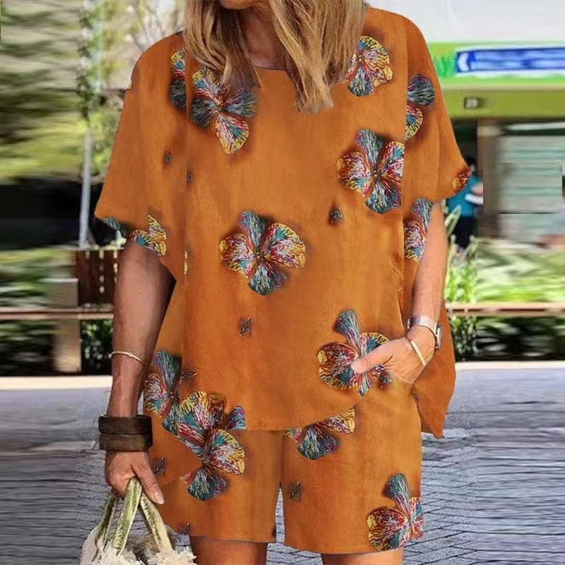 Cotton And Linen Plus Size Women's Clothing Printed Women's Retro Set