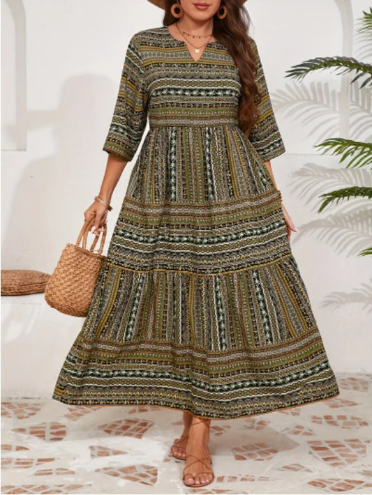 Plus Size All Over Print Tiered Dress, Vacation Notch Neck Short Sleeve Dress, Women's Plus Size Clothing