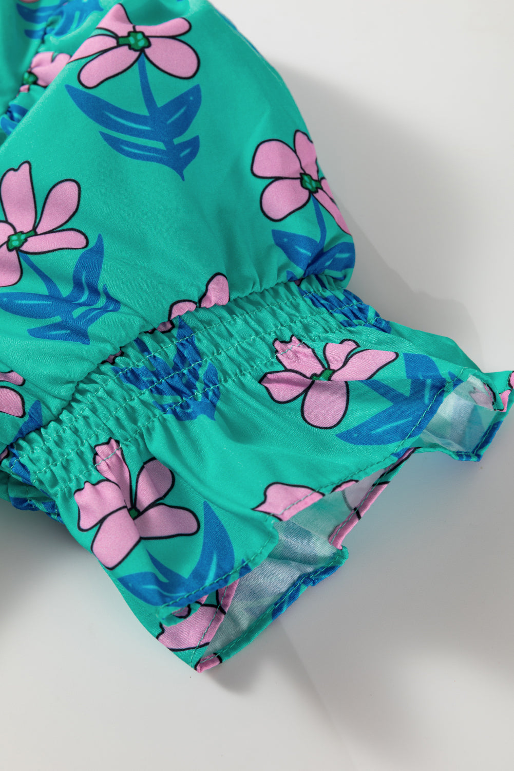 Green Floral Print Frilly Smocked Detail High Waist Mini Dress