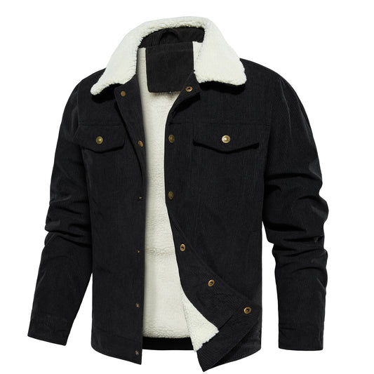 Men's Corduroy Jacket Winter Sherpa Lined Warm Thick Trucker Cargo Coat With 5 Pockets