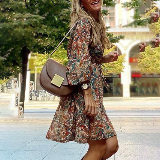 Plus Size Women's Floral Print V-Neck Dress With Drawstring Waist - Bohemian Knee-Length Summer Vacation Dress