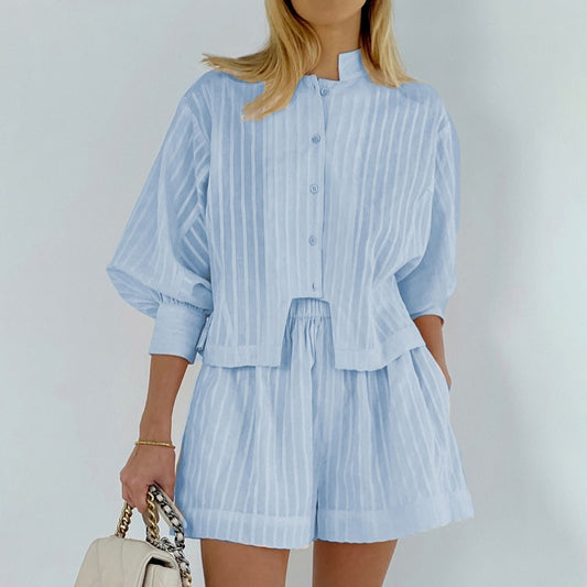 Cotton Striped Shirt O-Neck Lantern Sleeve Top Elastic Waist Shorts Female Sets