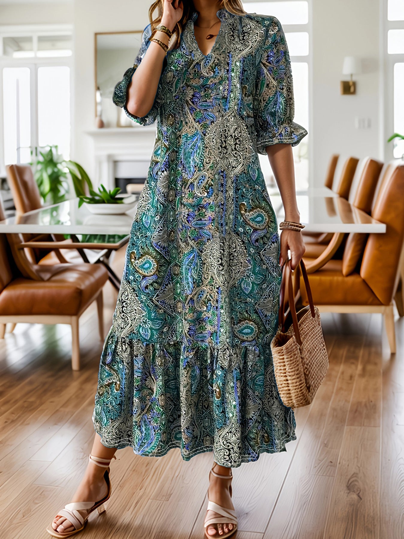 Women's Clothing Printed V-neck Plus Size Dress