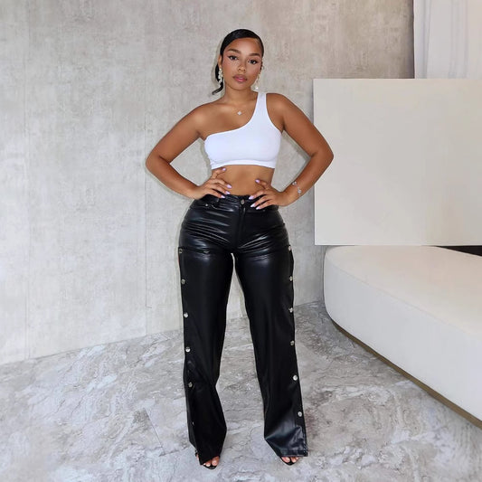 Fashion Sexy High Waist Slimming And Straight Hollow Leather Pants