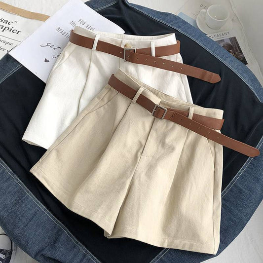 Summer Korean Style High Waist Wide Leg Shorts Women's White